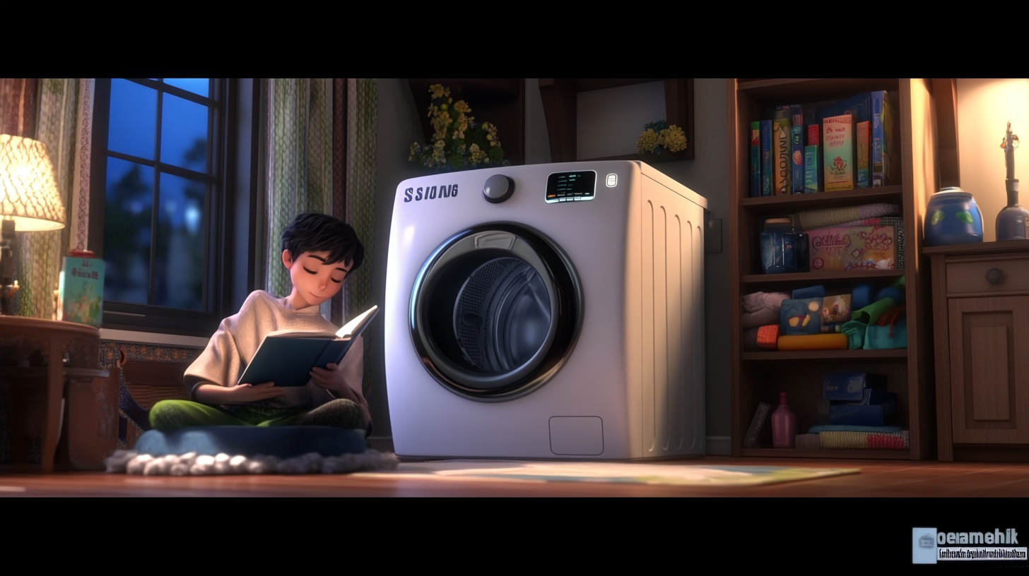 저녁 장면에서 조용히 작동 중인 삼성 세탁기, 한 사람이 차분하게 책을 읽으며 평온함을 즐기고 있음