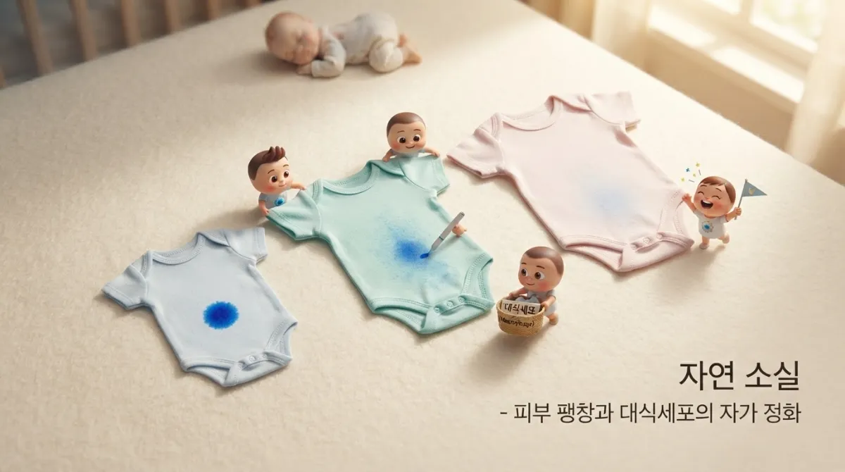 미니미 캐릭터들이 키워드 성장 단계별 몽고반점 옅어짐 과정을 정리하는 시계열 매크로 컷