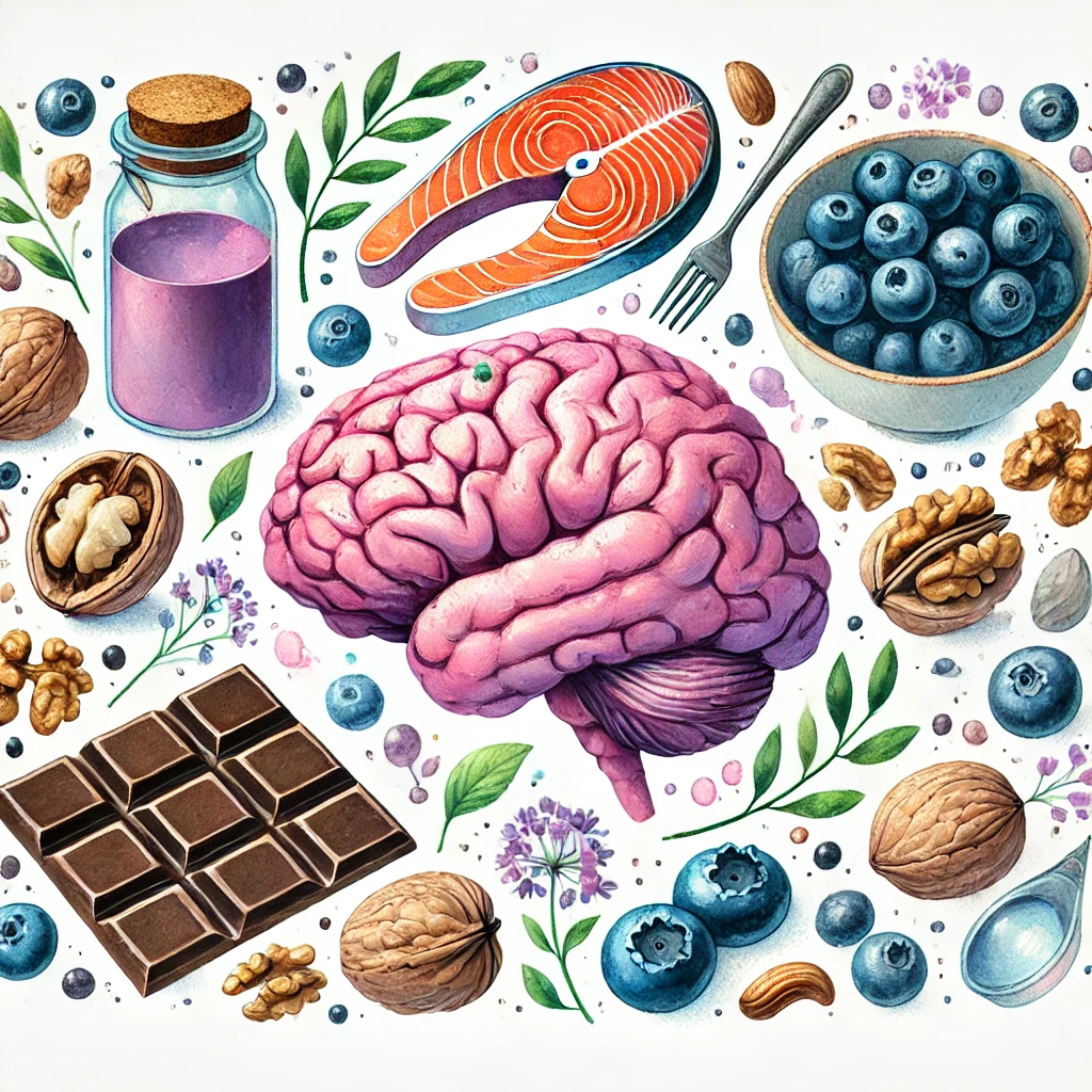 두뇌 건강을 위한 음식들 (연어, 견과류, 블루베리, 다크 초콜릿 등)