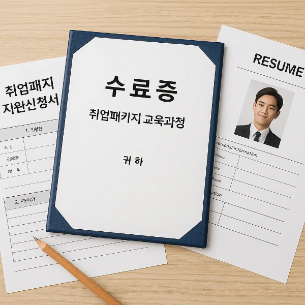 취업패키지 지원신청서, 수료증, 이력서가 깔끔하게 정돈된 취업 지원 관련 사물 스튜디오컷 이미지