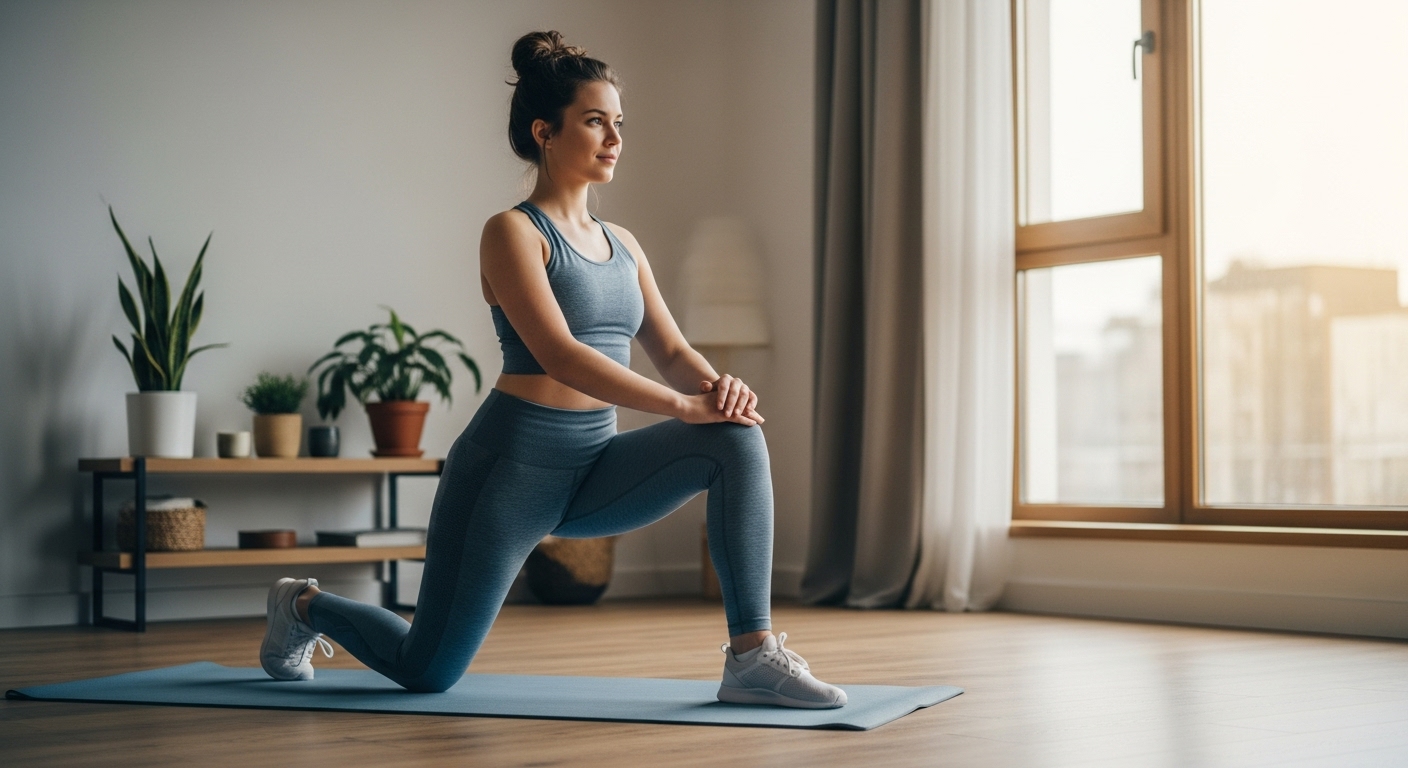 퇴근 후 집에서 편안하게 스트레칭하며 몸을 푸는 30대 직장인 여성의 모습.