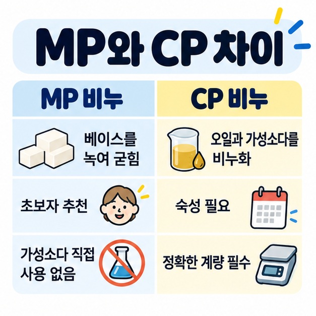 MP 비누와 CP 비누를 난이도, 가성소다 사용 여부, 완성 기간, 추천 대상으로 비교한 카드