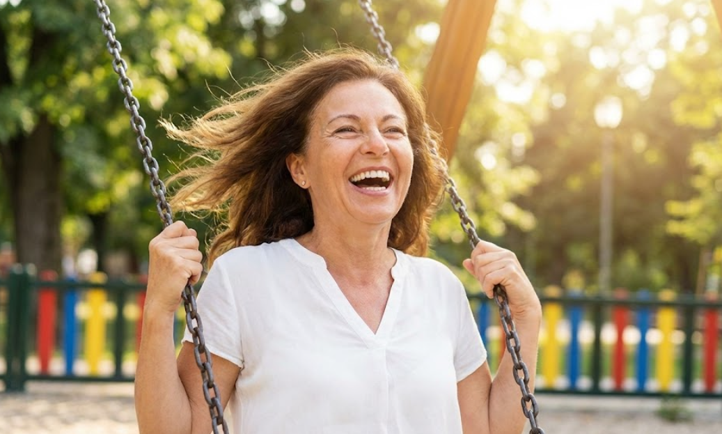 놀이터 그네를 타며 아이처럼 환하게 웃고 있는 중년 여성의 활기찬 모습