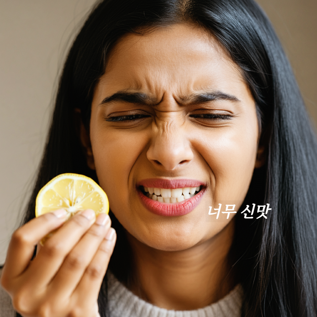 레몬의 신맛으로 얼굴을 찡그리고 있는 여성.