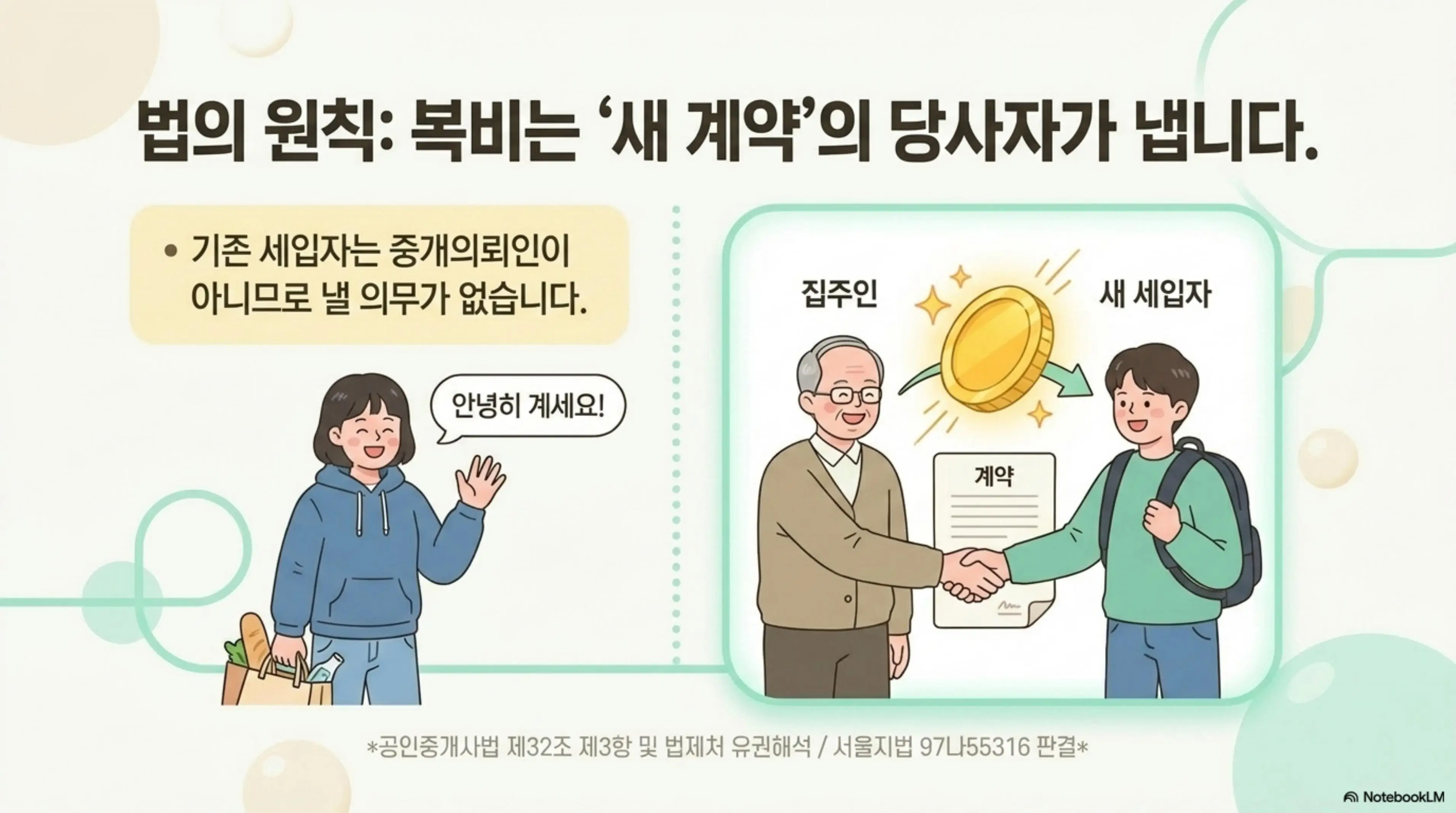 전월세 계약 중도해지 복비: 법의 원칙상 복비는 새 계약의 당사자인 집주인과 새 세입자가 부담한다는 내용을 보여주는 인포그래픽 이미지. 기존 세입자가 인사하며 떠나고 집주인과 새 세입자가 계약서를 주고받는 장면이 포함되어 있으며, 공인중개사법 제32조 제3항 및 법제처 유권해석과 서울지법 97나55316 판결을 근거로 중도해지 중개보수 부담 원칙을 설명함