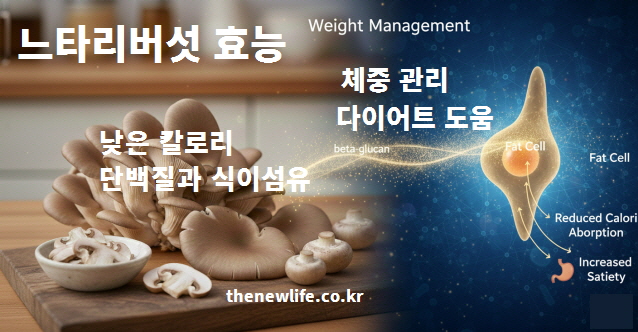 낮은 칼로리와 풍부한 단백질, 식이섬유로 체중 관리와 다이어트를 돕는 느타리버섯의 효능을 설명하는 인포그래픽 이미지