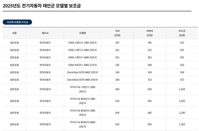 2025년 태안 전기차 보조금 한도