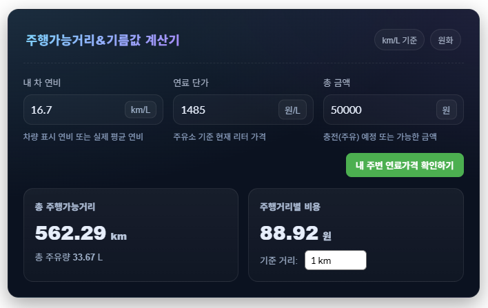 5만원 주유 시 총 33.67L, 562.29km 주행 가능과 1km당 88.92원 결과 화면
