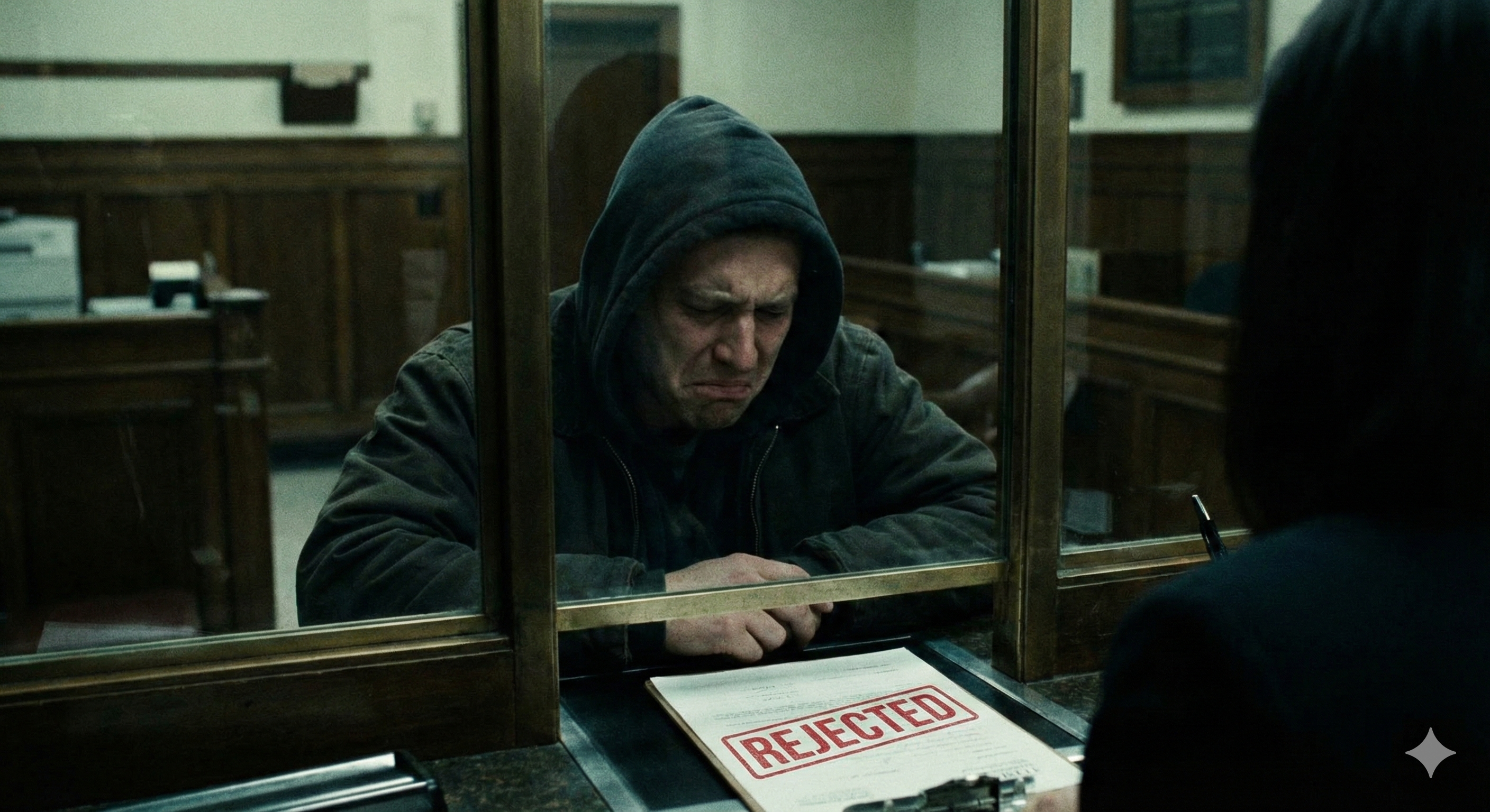 은행 창구에서 대출 거절 도장이 찍힌 서류를 보고 좌절하는 모습