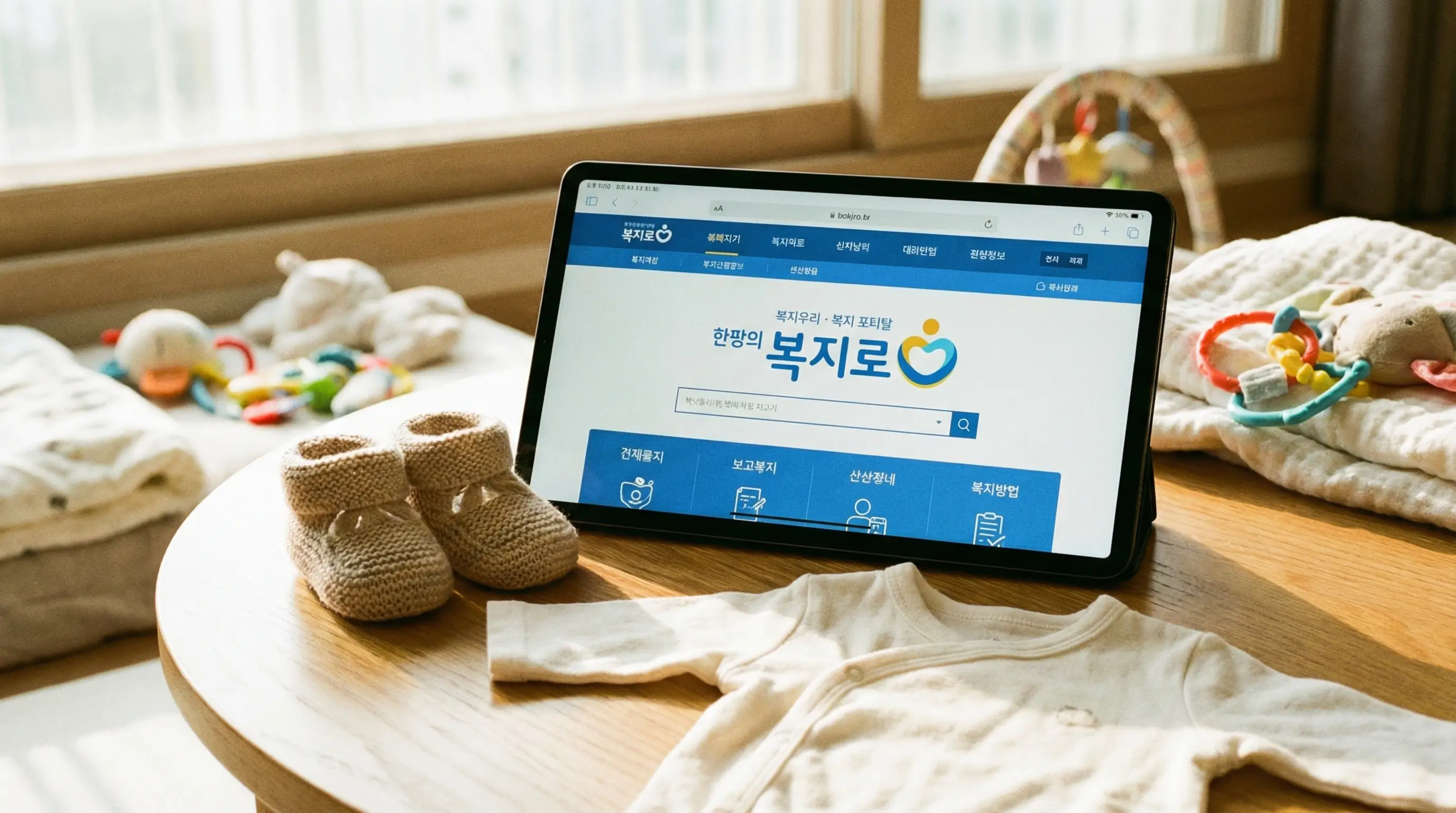 귀여운 아기 신발과 배냇저고리 옆에 놓인 태블릿 PC 화면에 복지로 사이트가 띄워진 모습