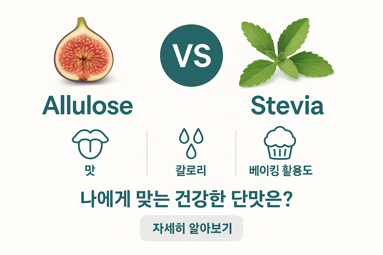 알룰로스와 스테비아 비교 인포그래픽. 무화과 아이콘의 알룰로스와 허브 잎 아이콘의 스테비아가 비교되고 있으며, 맛, 칼로리, 베이킹 활용도 등 핵심 차이점을 설명하는 이미지.
