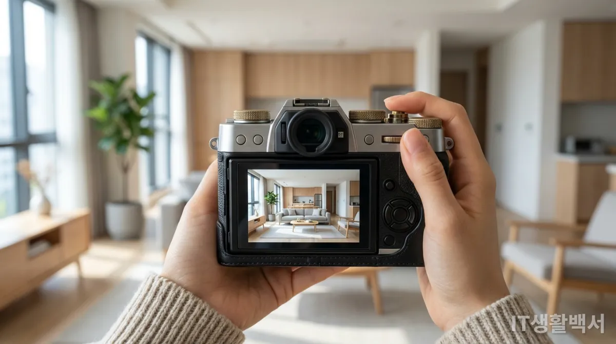 현대적인 공간에서 레트로 디자인 디지털카메라를 사용하는 모습