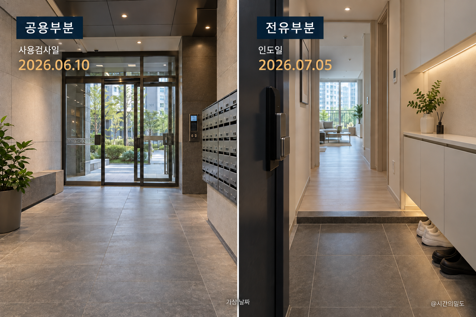 공용 로비와 전유세대 현관에 사용검사일 6월 10일과 인도일 7월 5일을 나눈 가상 공간 비교