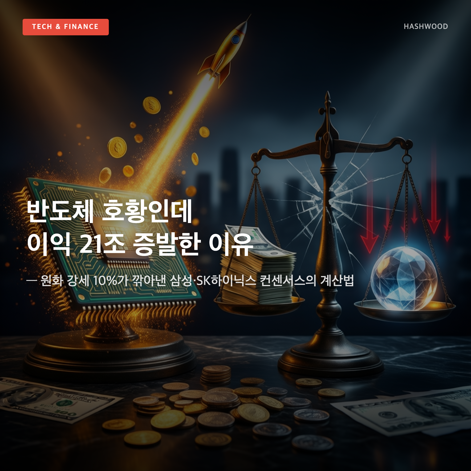 그림: 반도체 호황인데 이익 21조 증발한 이유 — — 원화 강세 10%가 깎아낸 삼성·SK하이닉스 컨센서스의 계산법