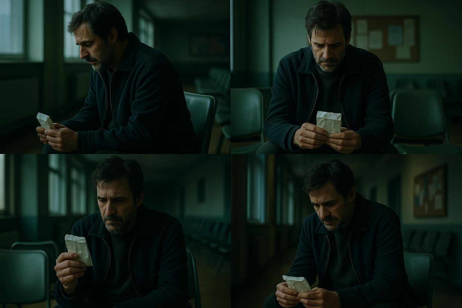 복지센터에서 쓸쓸히 앉아 있는 남성이 약봉투를 바라보는 모습