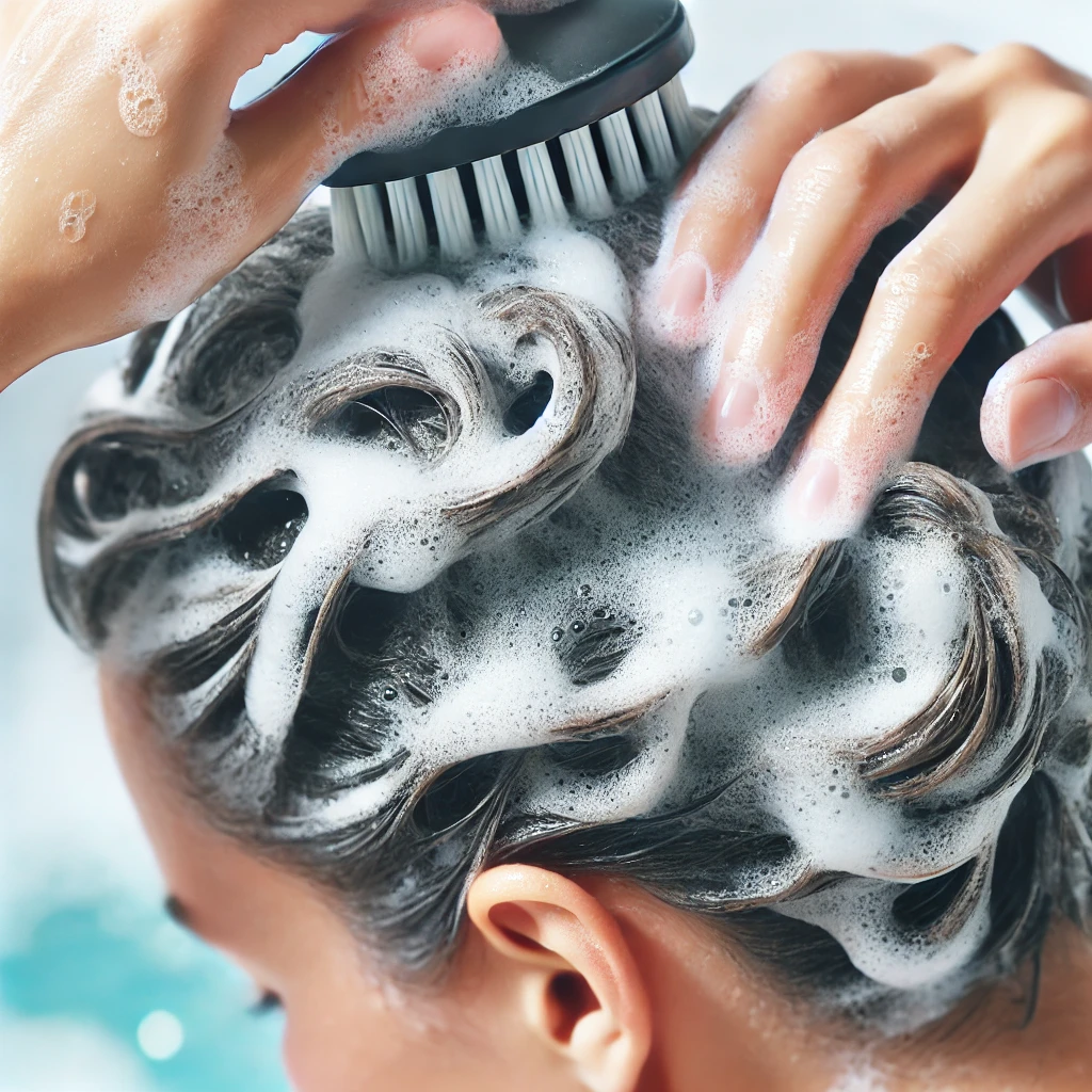 머리 감는 모습, 두피를 부드럽게 세정하는 장면