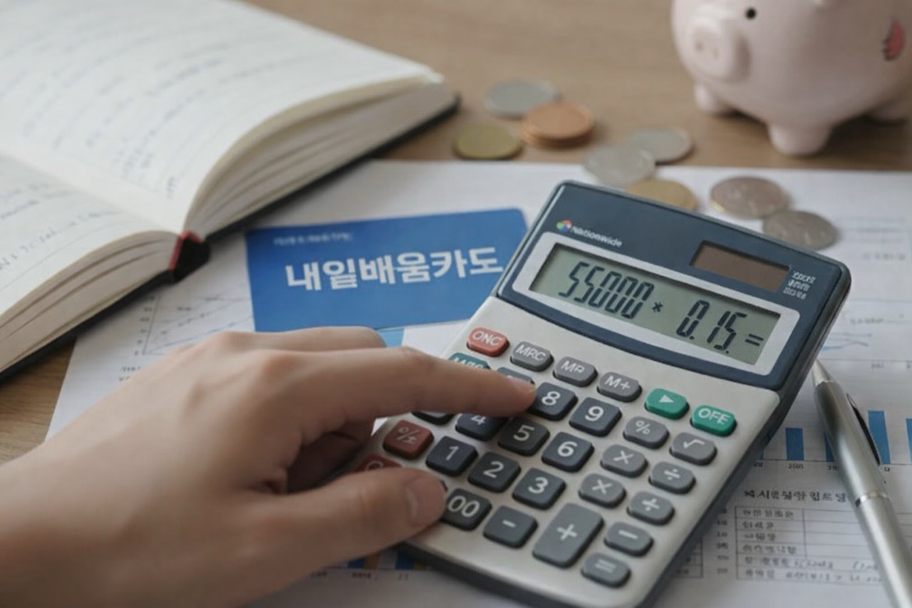 내일배움카드 자부담금을 계산하는 손과 계산기