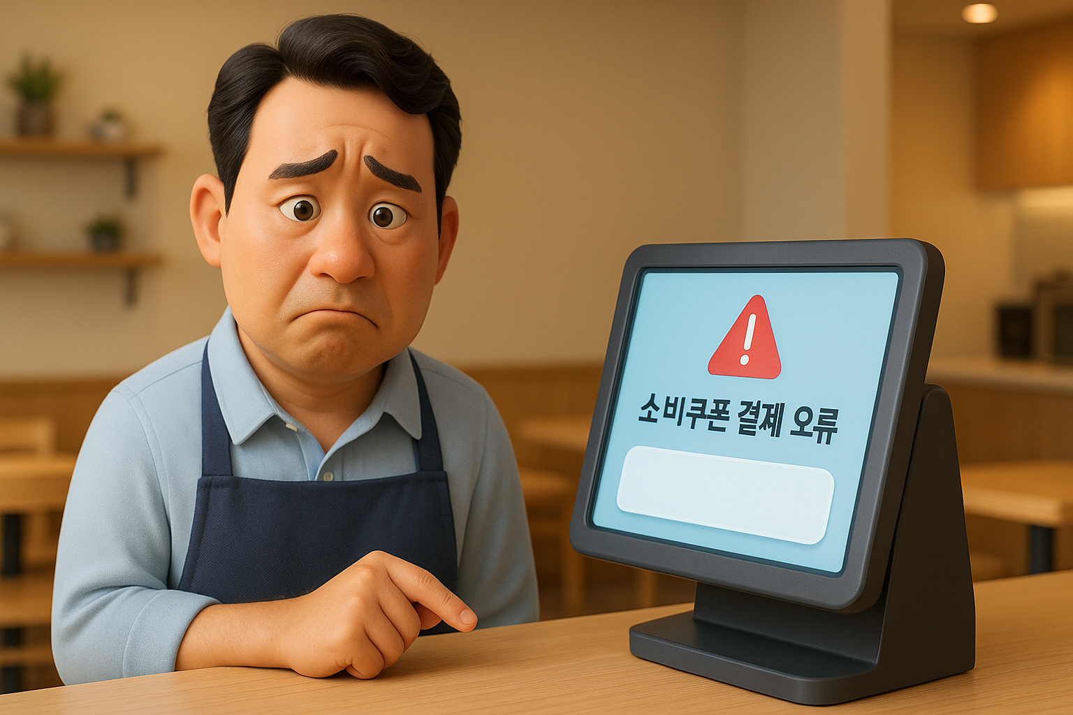 POS 단말기 앞에서 소비쿠폰 결제 오류로 난감해하는 점주