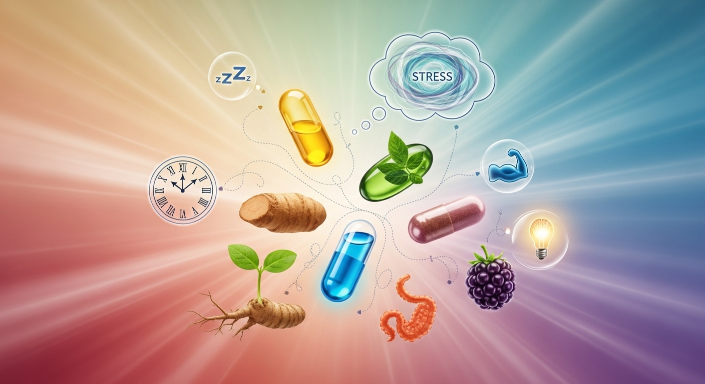 피로, 스트레스, 면역력 등 다양한 건강 고민에 맞춰진 개별 영양소와 보충제 이미지.