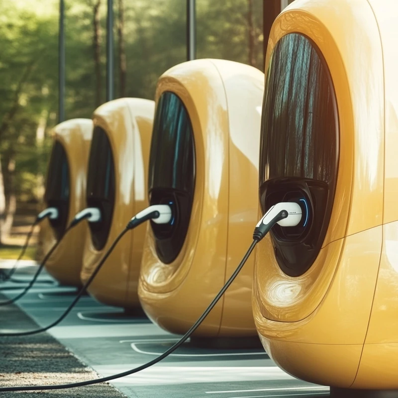 미래형 자율주행차가 최첨단 배터리 기술을 이용해 효율적으로 에너지를 보충하며 현대 기능으로의 원활한 전환을 나타냅니다.