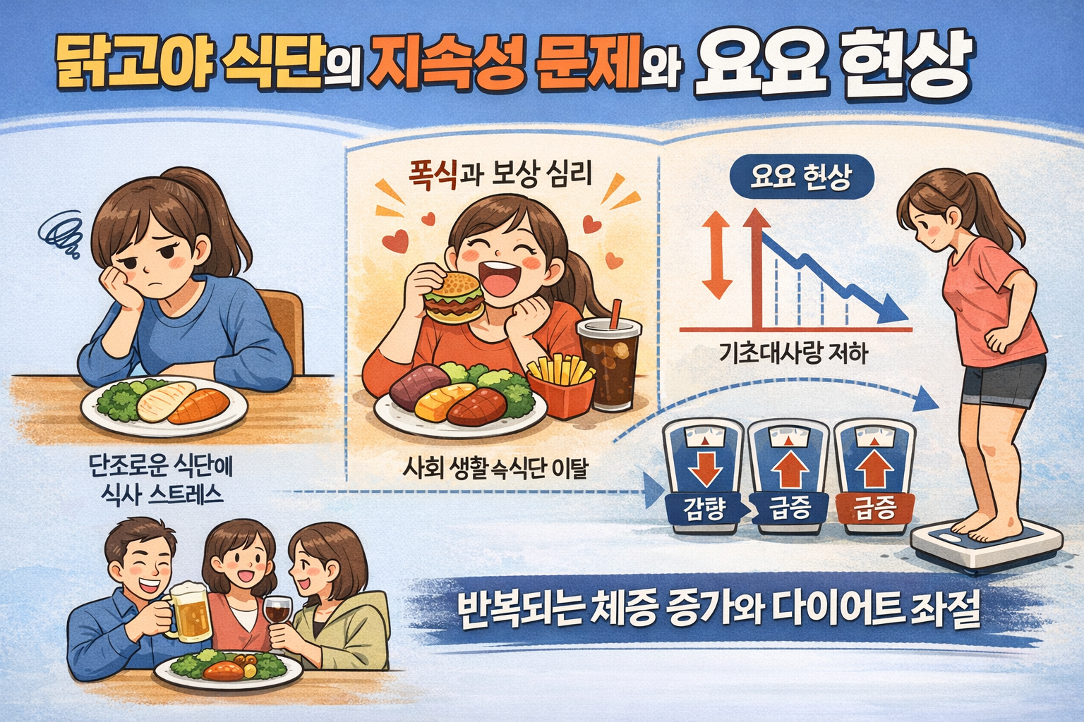 닭고야 식단을 지속할 때 나타날 수 있는 문제점을 설명하는 가로형 인포그래픽. 단조로운 식단으로 인한 식사 스트레스, 폭식과 보상 심리, 사회생활 속 식단 이탈, 기초대사량 저하와 체중 증감 반복 등 요요 현상이 시각적으로 표현되어 있다.