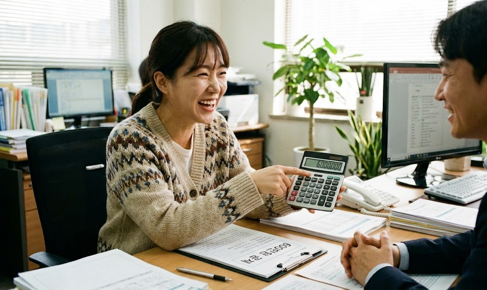 세무사 사무실에서 노란우산공제 덕분에 늘어난 예상 환급액 숫자를 계산기로 확인하고 활짝 웃으며 안도하는 여성 사장님의 모습