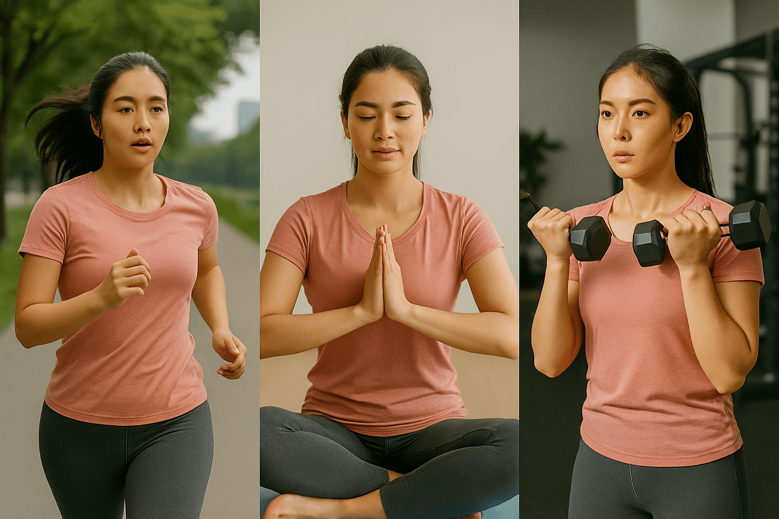 유산소 운동,요가,헬스 근력 운동하는 젊은 여성의 이미지