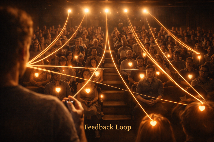 배우와 관객 사이의 피드백 루프를 시각화한 공연장 전경