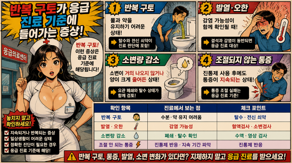 반복 구토, 발열, 소변량 감소, 조절되지 않는 통증이 응급 진료 기준에 들어가는 상황을 설명한 요로결석 만화 인포그래픽