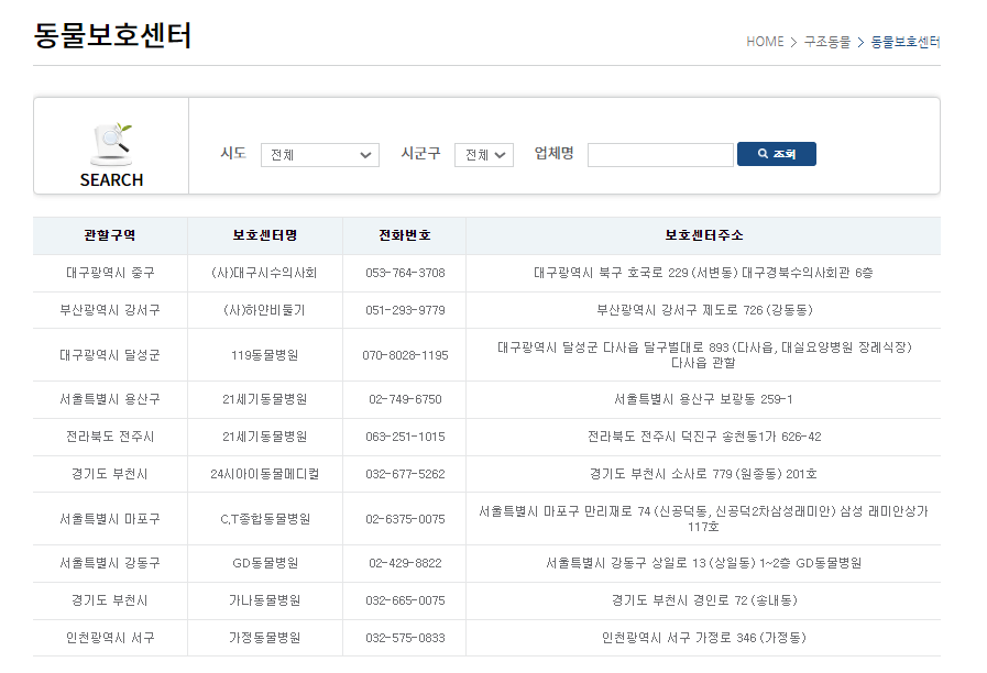 유기견 동물보호센터 연락처