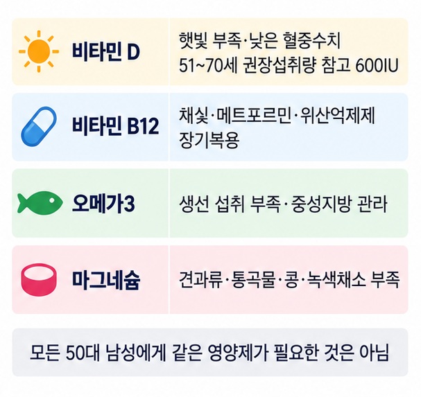 비타민 D 비타민 B12 오메가3 마그네슘을 고려할 상황과 핵심 체크사항을 비교한 표