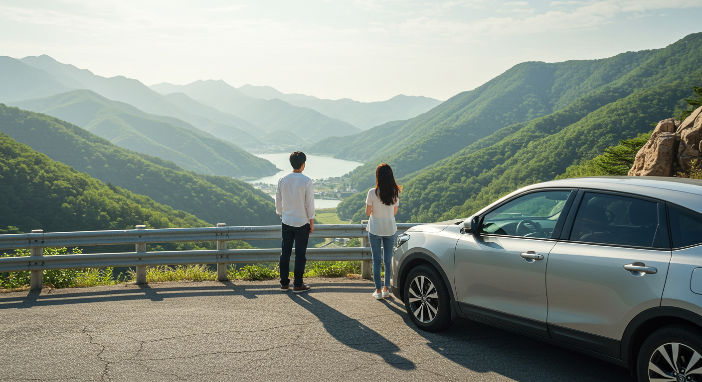 강원도 산길 드라이브 중 차를 세우고 풍경을 감상하는 한국인 커플.