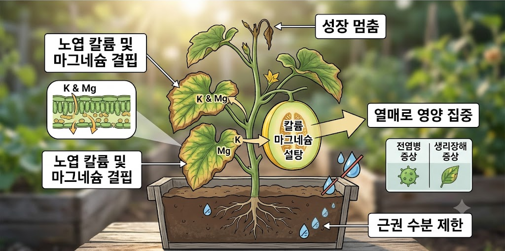 참외의 수확기 잎 마름 현상이 수분 부족, 양분 이동, 고온 스트레스의 복합적 원인으로 발생하는 과정을 설명하는 삽화