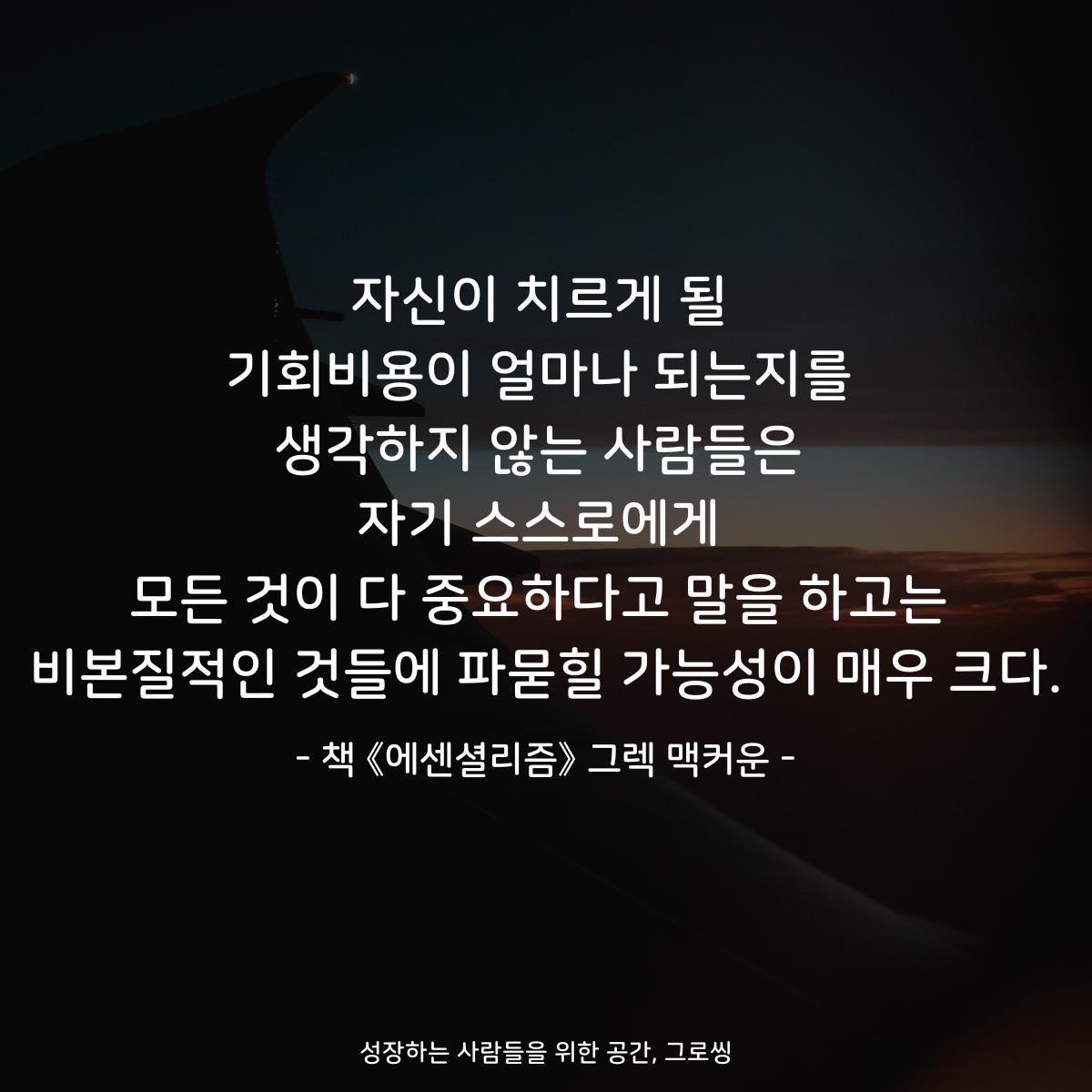 자신이 치르게 될
기회비용이 얼마나 되는지를
생각하지 않는 사람들은
자기 스스로에게
모든 것이 다 중요하다고 말을 하고는
비본질적인 것들에 파묻힐 가능성이 매우 크다.