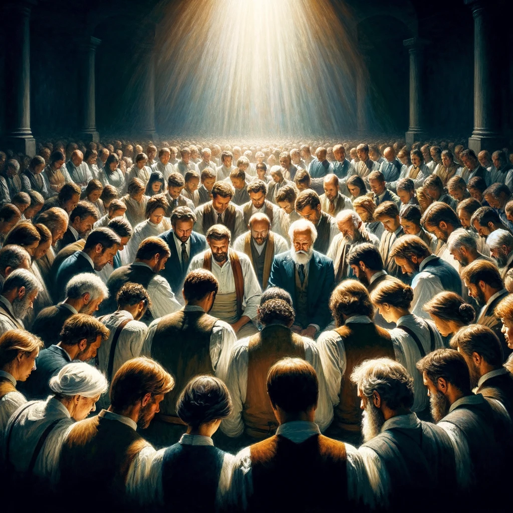 Here's the image depicting a diverse group of people united in prayer during times of great trials and difficulties, symbolizing the high form of service and ministry through fervent prayer.
