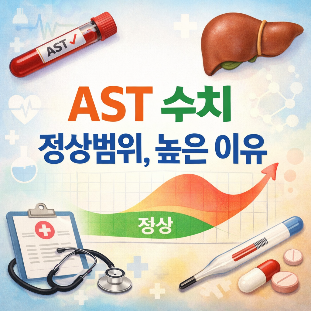 AST 수치 정상범위와 높은 이유를 설명하는 의료 정보 썸네일 이미지로, 혈액 검사 튜브와 간 일러스트, 정상 수치 그래프가 함께 배치된 정사각형 이미지
