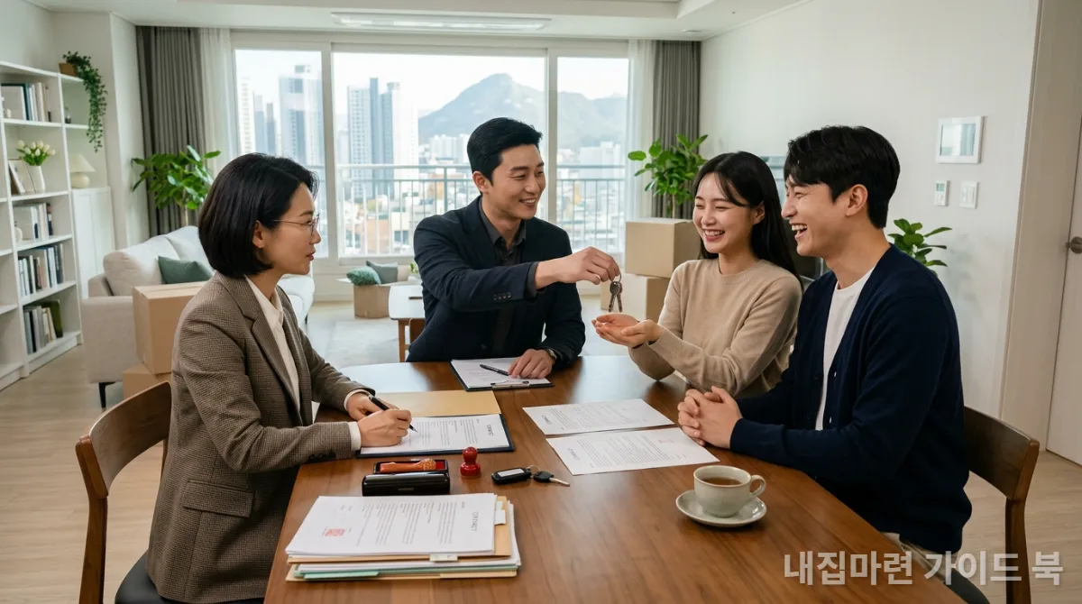 아파트 잔금일, 서류를 확인하고 열쇠를 주고받는 사람들