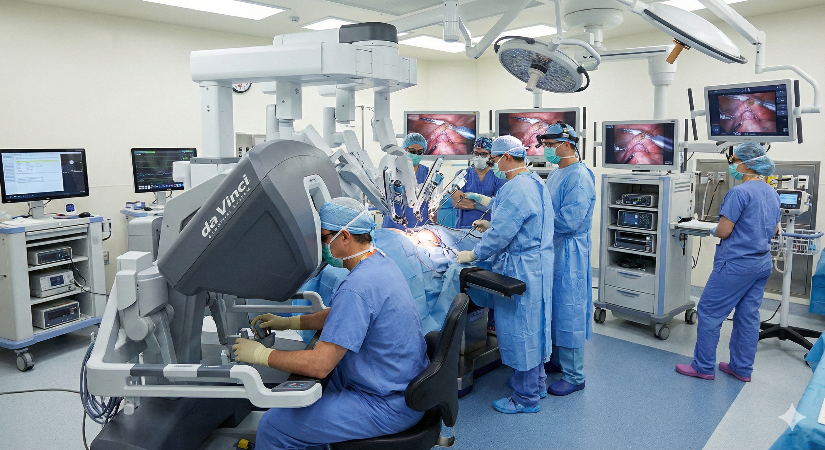 최첨단 로봇 수술 시스템이 전립선 수술을 진행하는 수술실 전경. 의료진이 로봇의 움직임을 모니터링하며 정교함을 강조.