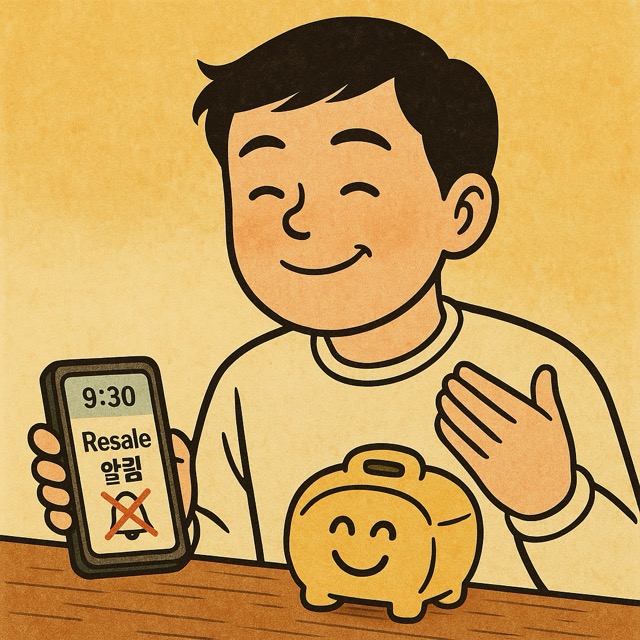 리셀 알림을 꺼놓은 스마트폰을 내려놓고 미소 짓는 주인공