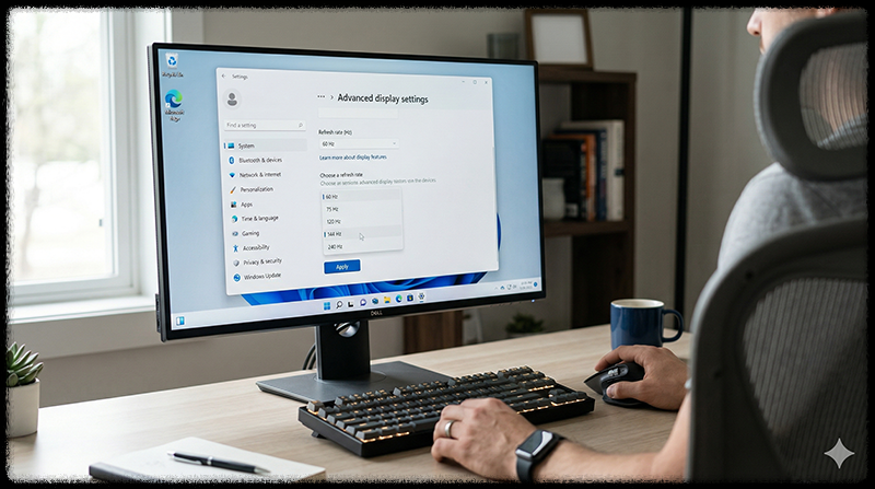 윈도우 디스플레이 설정에서 주사율을 변경하는 모습