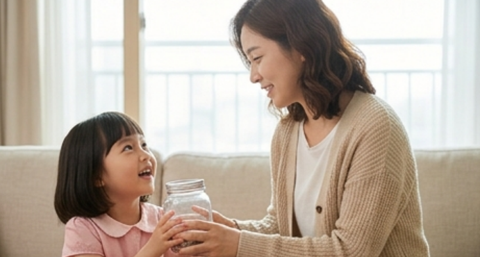딸이 투명 유리병 저금통을 처음 받아드는 모습