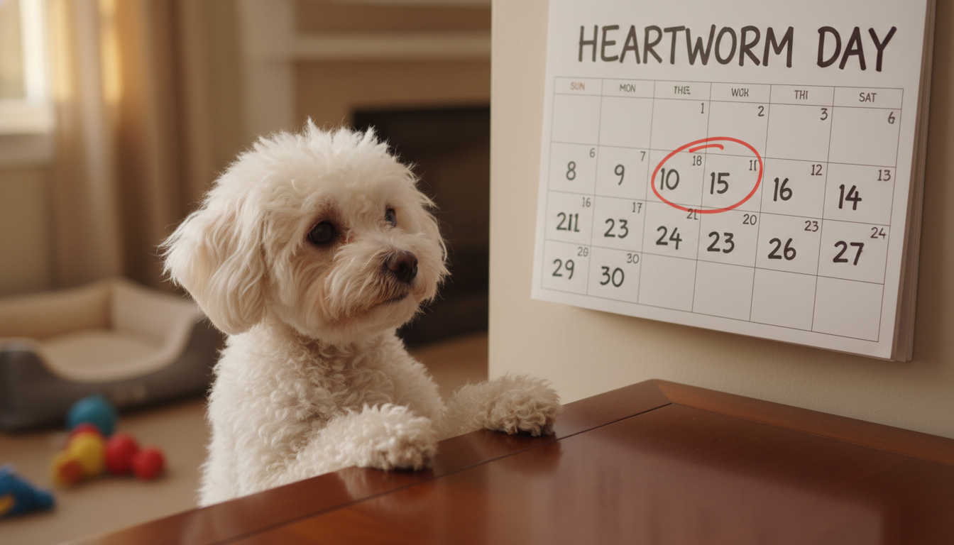 심장사상충약 복용일을 표시한 달력을 호기심 있게 바라보는 비숑 프리제