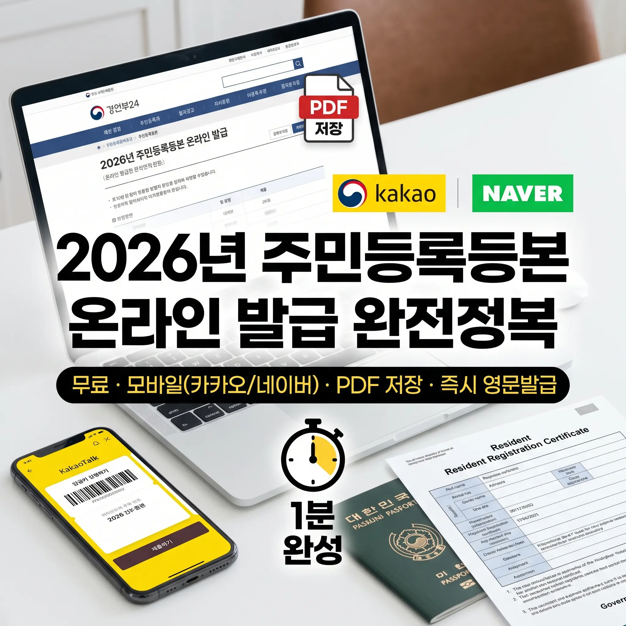 2026년 주민등록등본 인터넷 발급 방법 안내 이미지, 정부24 PC 발급 및 카카오톡 네이버 모바일 전자증명서 신청, PDF 파일 저장 및 영문 등본 즉시 발급 가이드 썸네일
