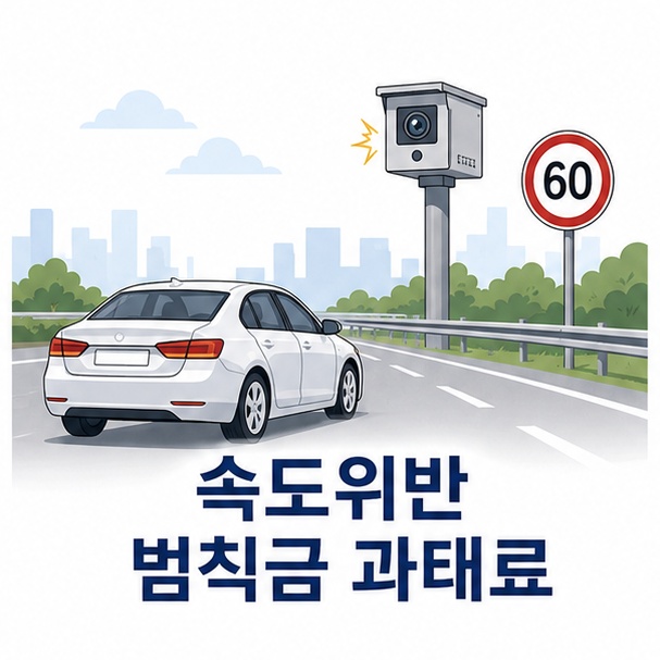 자동차와 무인단속카메라를 이용해 속도위반 범칙금과 과태료의 차이를 소개하는 그림