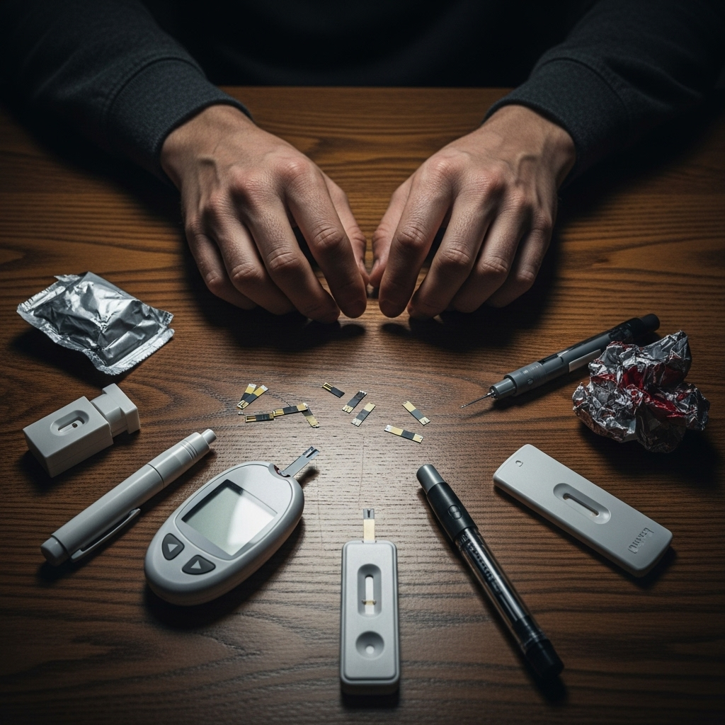 [이미지 2: 한 사람의 손이 테이블 위에 힘없이 놓여 있고, 주변에는 혈당 측정기와 약, 채혈침 등이 흩어져 있는 상징적인 이미지]