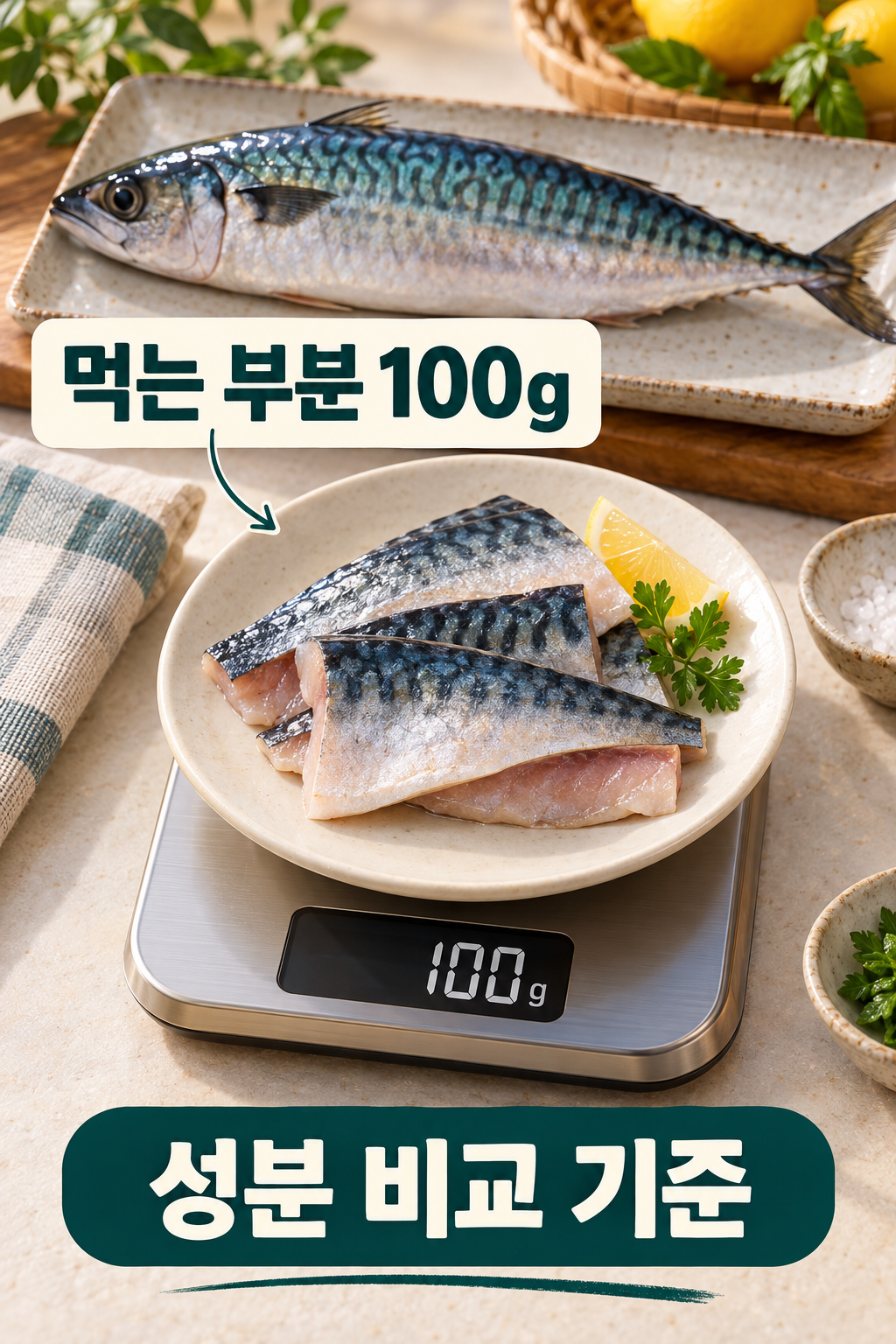 한 마리와 별도로 덜어 저울에 올린 고등어 생것의 먹는 부분 100g.