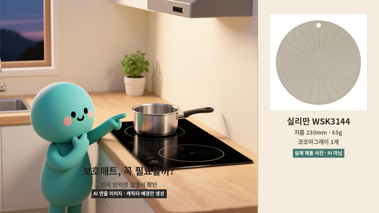 전원이 꺼진 인덕션과 냄비를 살피는 AI 연출 이미지와 실리만 WSK3144 실제 제품 사진
