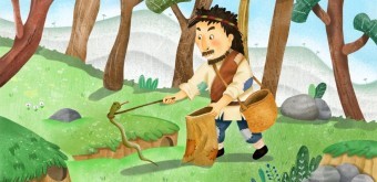 머리가-덥수룩한-자연인이-산에서-바구니를-메고-나무로-뱀을-들어올리는-모습