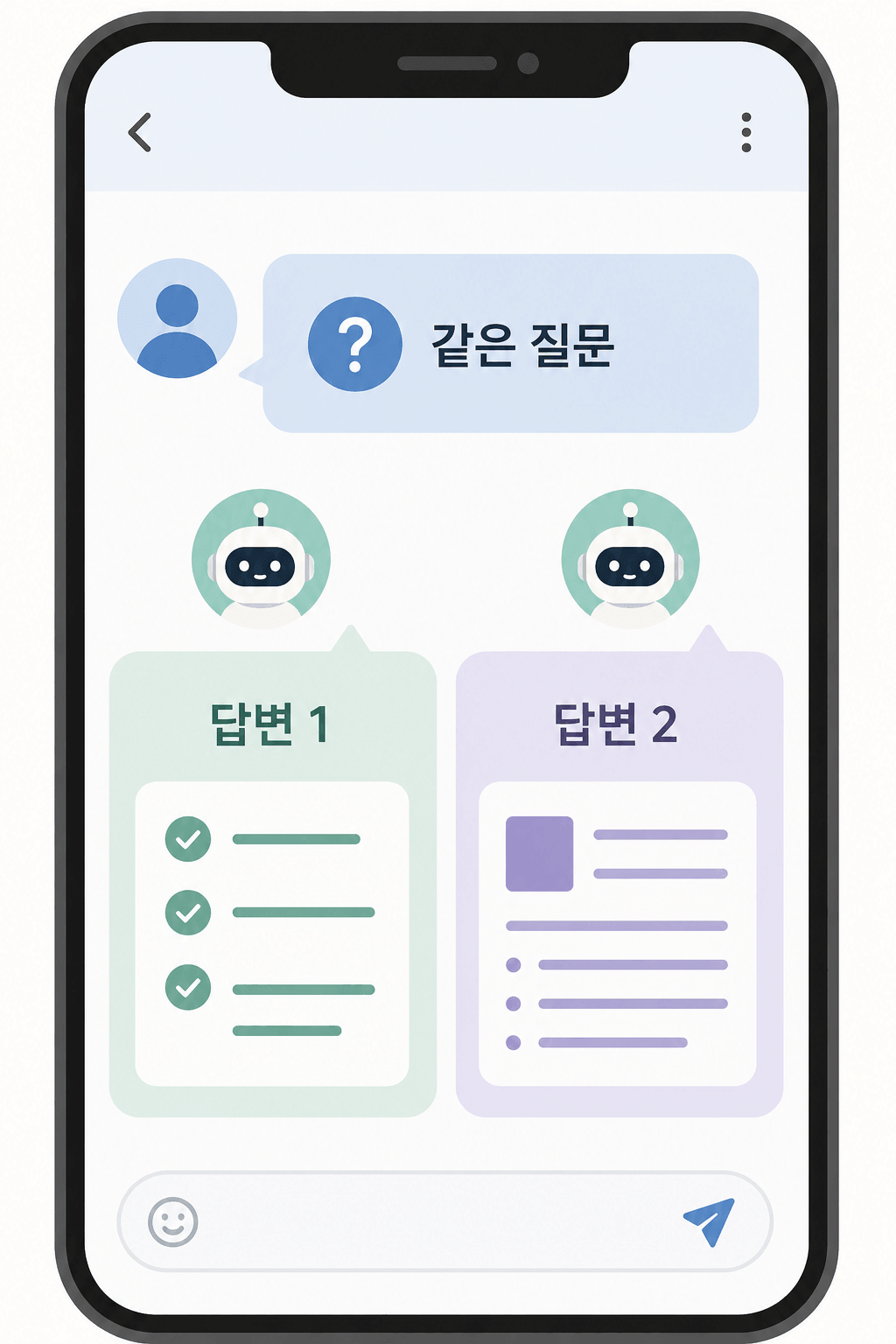 같은 질문에 대해 서로 다른 두 개의 챗GPT 답변을 보여주는 인포그래픽 일러스트