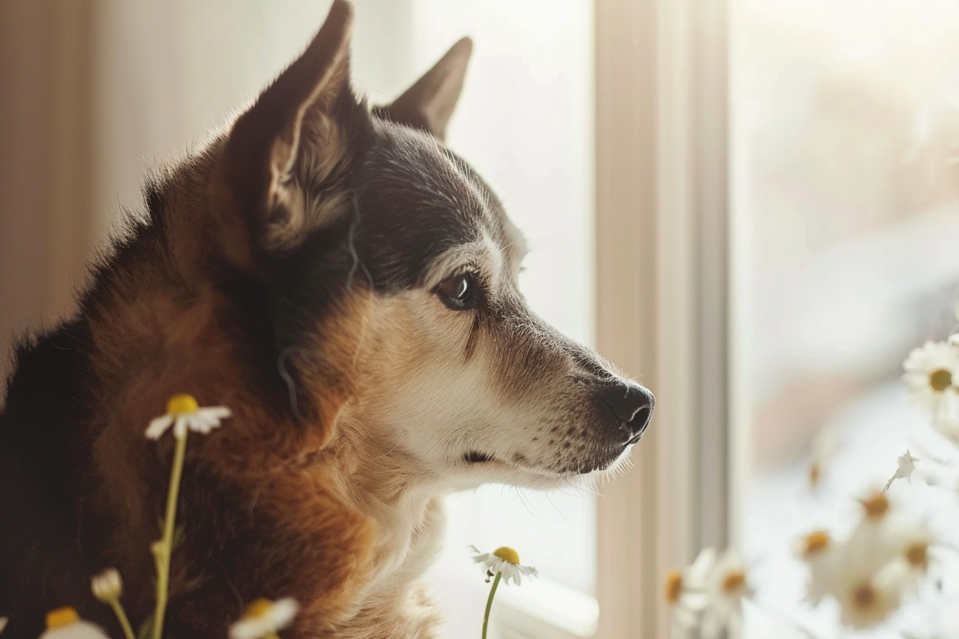 A dog with chamomile flowers